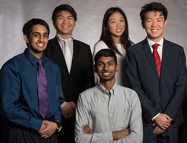 Texas Academy of Mathematics and Science students (front row) Ashwin Kumar of Irving, Abhishek Mohan of Irving and Tan Yan of Coppell, and (back row) Ted Zhao of Arlington and Sarah Zou of Sugar Land
