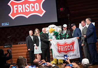 UNT President Neal Smatresk poses with representatives from the Frisco City Council, and Frisco Economic and Community Development Corporation Boards following the announcement of a partnership that will build a 100-acre UNT branch campus in Frisco.